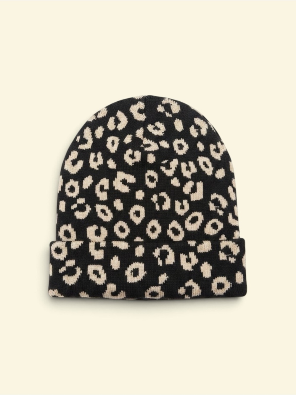 Leopard Print Knit Beanie - Black & Cream
